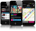 Preview image of The Visible City mobile application, displayed on three mobile devices