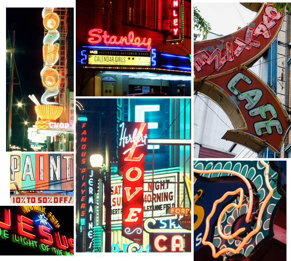 Collage of selected neon signs, such as The Only Seafood, Foo's Ho Ho, Stanley Theatre, Ovaltine Cafe, Granville Street, Jesus Light of the World, and Ted Harris Paint